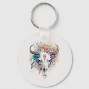 Porte-clés Art aquarellé de crâne de taureau floral
