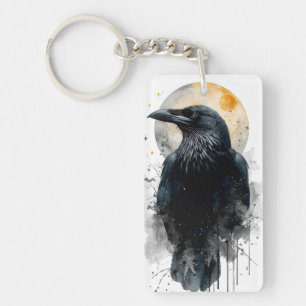 Porte-clés Art aquarelle du corbeau mystique Lune gothique