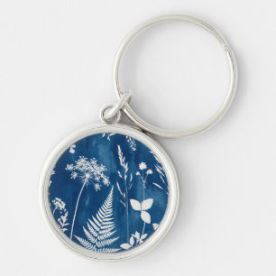 Porte-clés Art botanique de fougère au cyanotype bleu indigo 
