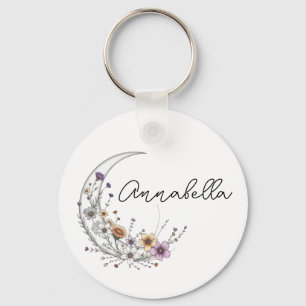 Porte-clés Art céleste personnalisé Croissant de Lune Floral