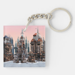 Porte-clés Art de la skyline de ville futuriste pastel fantas