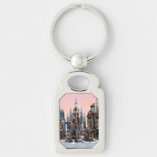 Porte-clés Art de la skyline de ville futuriste pastel fantas