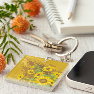 Porte-clés Art de tournesol grunge gras floral jaune rustique