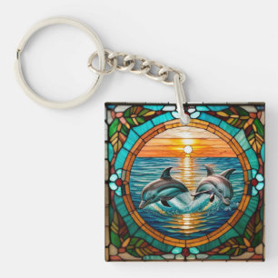 Porte-clés Art de verre coloré avec des dauphins bondissant a