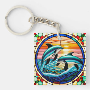 Porte-clés Art de verre coloré avec des dauphins bondissant a