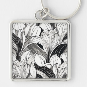 Porte-clés Art Déco floral noir et blanc