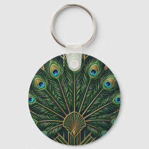 Porte-clés Art Déco plumes de paon or vert émeraude