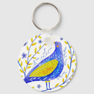 Porte-clés Art d'oiseau bleu et jaune à l'aquarelle moderne