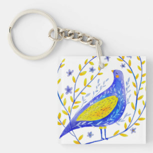 Porte-clés Art d'oiseau bleu et jaune à l'aquarelle moderne
