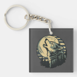 Porte-clés Art du loup hurlant sarcelle de la Lune