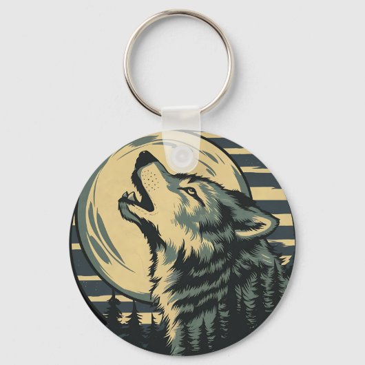 Porte-clés Art du loup hurlant sarcelle sous la lune (Recto)