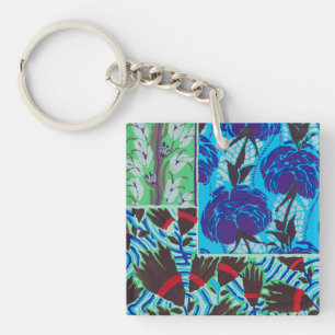 Porte-clés Art floral bleu et vert maximaliste vibrant