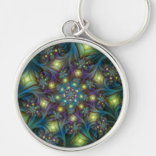 Porte-clés Art fractal abstrait illuminé brillant sarcelle vi