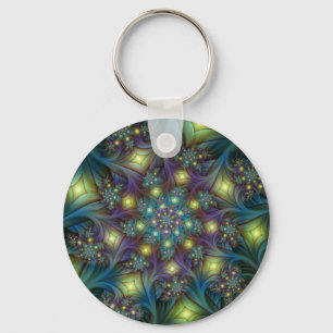Porte-clés Art fractal abstrait illuminé brillant sarcelle vi