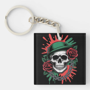 Porte-clés Art graphique audacieux : Crâne en chapeau melon a