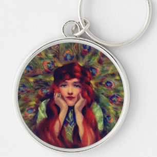 Porte-clés Art nouveau déco élégante femme paon plumes