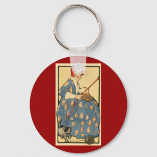Porte-clés Art Nouveau -tricot de fille avec son chat