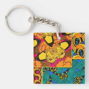 Porte-clés Art papillon rose et sarcelle maximaliste vibrant