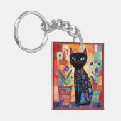 Porte-clés Art populaire de chat noir (Devant gauche)