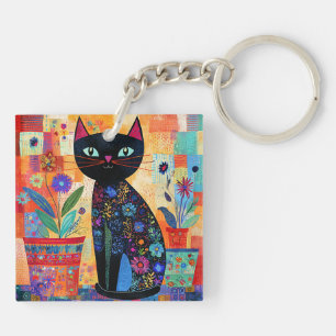 Porte-clés Art populaire de chat noir