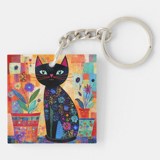 Porte-clés Art populaire de chat noir (Dos)