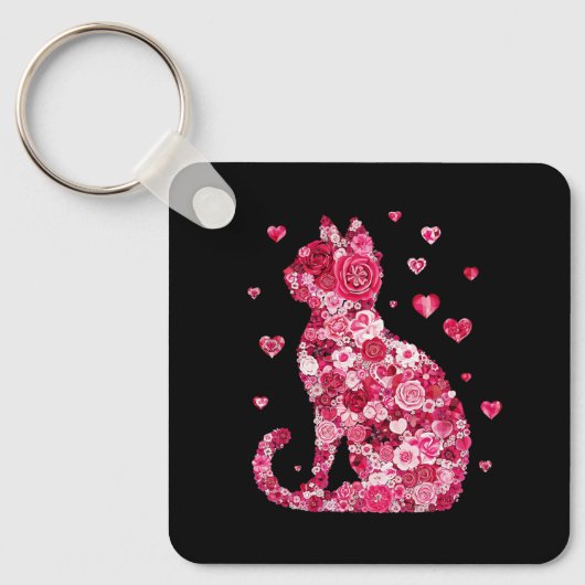 Porte-clés Art Silhouette Chat Floral (Recto)