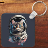 Porte-clés Astronaut Chat Dans L'Espace Aquarelle Art (Verso)