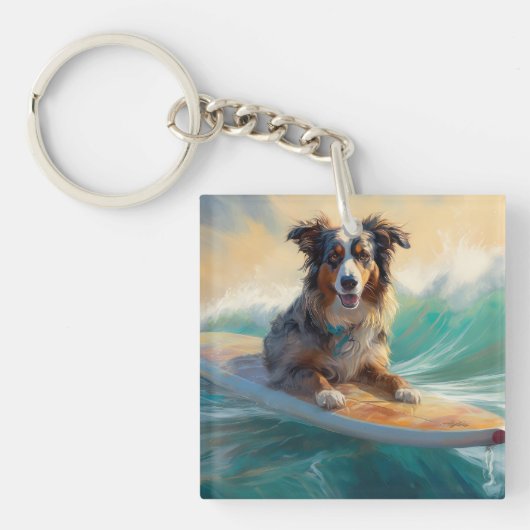 Porte-clés Australian Shepherd Beach Surfing Peinture (Devant)
