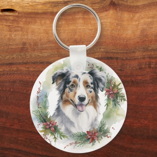 Porte-clés Australian Shepherd Christmas Wreath Festive Pup (Recto)