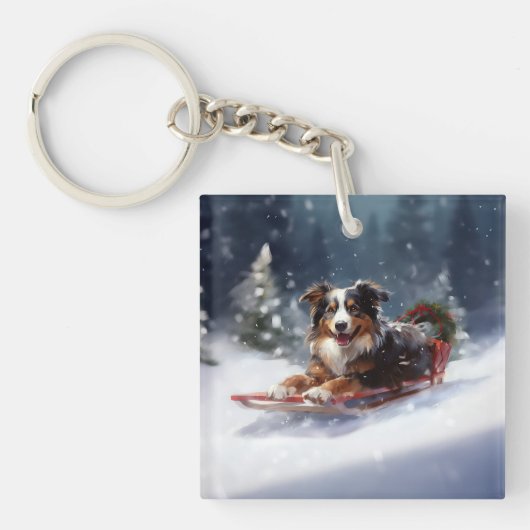 Porte-clés Australian Shepherd hiver neige de Noël (Devant)
