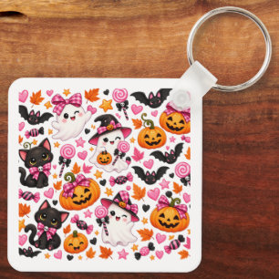 Porte-clés Autocollant de fantôme Halloween avec un nœud rose