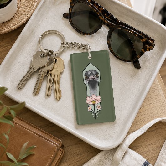Porte-clés Autruche Rose Fleurs Vert Olive Art Déco