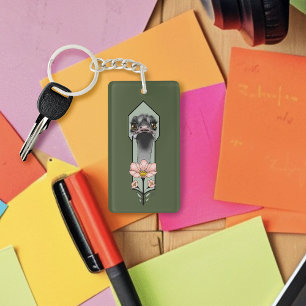 Porte-clés Autruche Rose Fleurs Vert Olive Art Déco