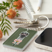 Porte-clés Autruche Rose Fleurs Vert Olive Art Déco (Devant droit)