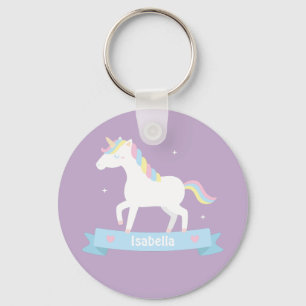 Porte-clés avec nom de licorne blanche mignonne pa
