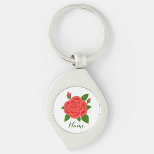 Porte-clés avec rose rouge et boutons et texte