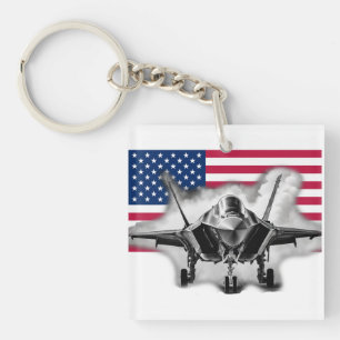Porte-clés Avion de chasse F-35 avec Arrière - plan du drapea