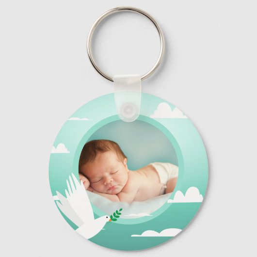 Porte-clés Baby Boy Baptism Dove Clouds Photo Frame (Recto)