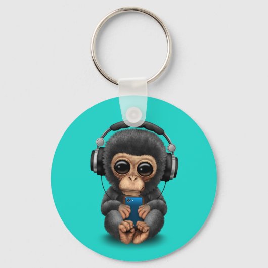 Porte-clés Baby Chimp avec casque et téléphone portable (Recto)