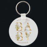 Porte-clés baby shower monogramme or fleuri<br><div class="desc">des lettres en faux feuille d'or avec des feuillages d'automne élégants et des fleurs pour votre collection de baby showers super élégants. Consultez notre magasin pour plus d'objets de cette collection</div>