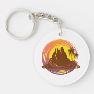 Porte-clés Badge avec paysage volcanique tropical et palmiers