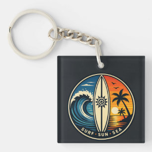 Porte-clés Badge Vintage Surf Soleil Mer – Planche de Surf Co