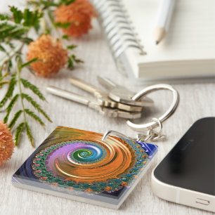 Porte-clés Bague à touches Orange Mandelbrot Swirl