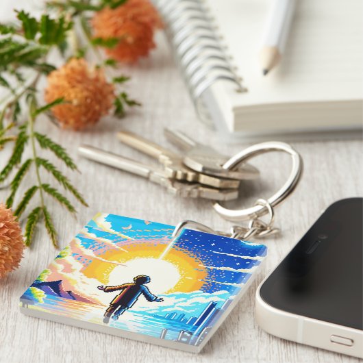 Porte-clés Balance des mondes - Futuriste Pixel Art Tech (Devant Droit)