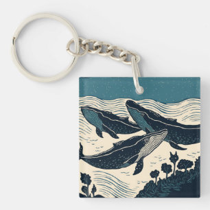 Porte-clés Baleines Océan Marine Nature Vintage Linocut