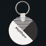 Porte-clés Balise de nom personnalisé Geo Minimal Black White<br><div class="desc">Geo Minimal noir blanc rayures Nom personnalisé porte - clé de balise</div>