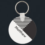 Porte-clés Balise de nom personnalisé Geo Minimal Black White<br><div class="desc">Geo Minimal noir blanc rayures Nom personnalisé porte - clé de balise</div>