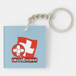Porte-clés Balle de football Drapeau Suisse Fond Bleu Carré