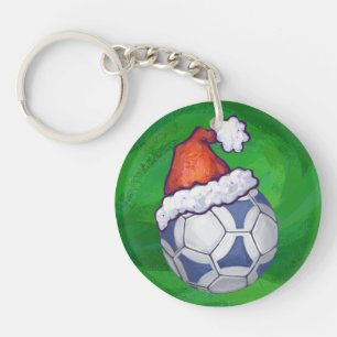 Porte-clés Balle de football festive bleue et blanche sur fon