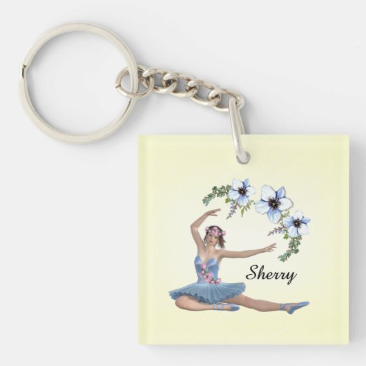 Porte-clés Ballerina en bleu Nom personnel Jaune (Devant)